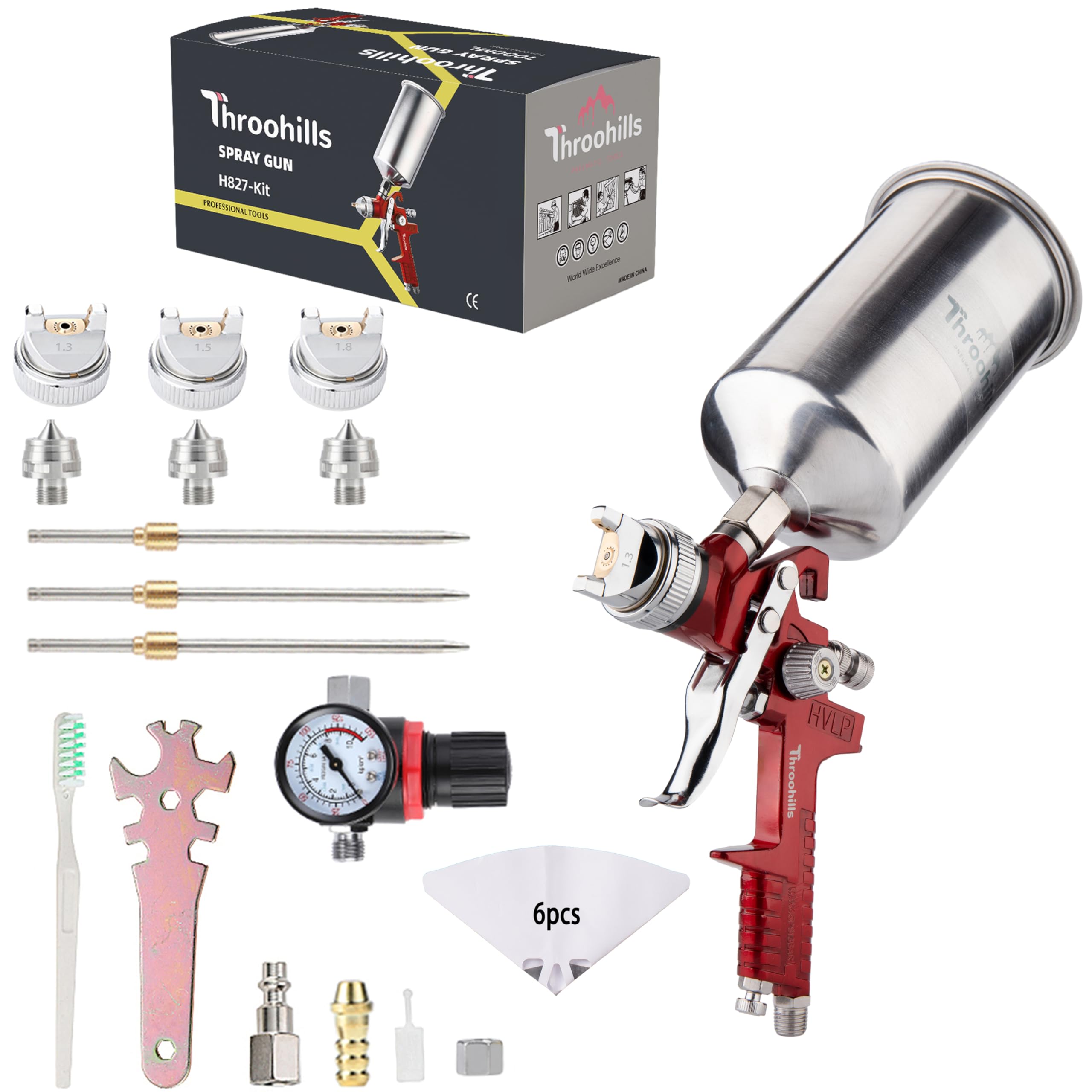 Throohills HVLP Automotive Paint Sprayer Gun, 1.3/1.5/1.8mm Air Paint Sprayer with Air Regulator 6PCS Paint Strainers and Cleaning kit,Suitable for