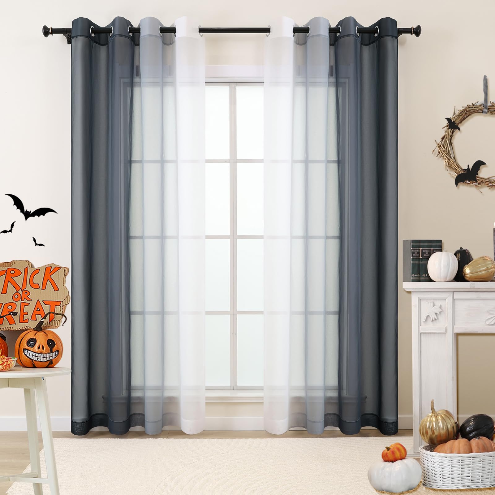 L.Z.E Black Ombre Sheer Curtains 84 Inches Long for Living Room, Black and White Curtains for Bedroom Dining Room Sliding Glass Door, Lightweight Gradient Window Drapes Grommet Top 2 Panels Set