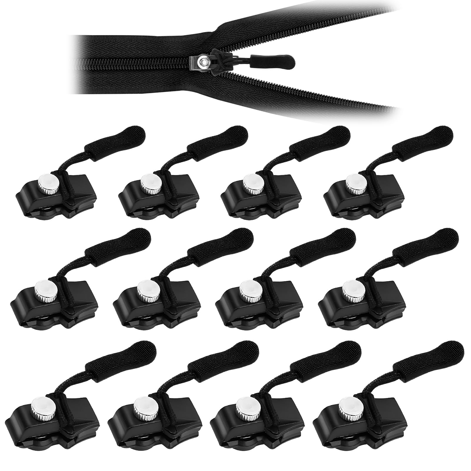 Zipper Repair Kit Universal Zipper Slider Replacement 12pcs 3 Different Size Black Zippers Fix Repair Kit for Backpack, Jackets, Coats, Tents, Luggage