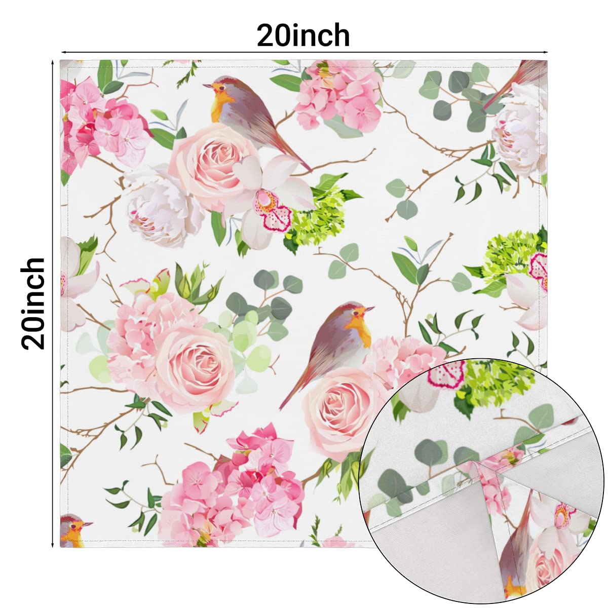 DJYQBFA Pink Rose Little Bird Cloth Napkins Soft Table Flower Floral Dinner Napkins Set of 6 with Hemmed Edges for Family Dinners Weddings Banquets Parties