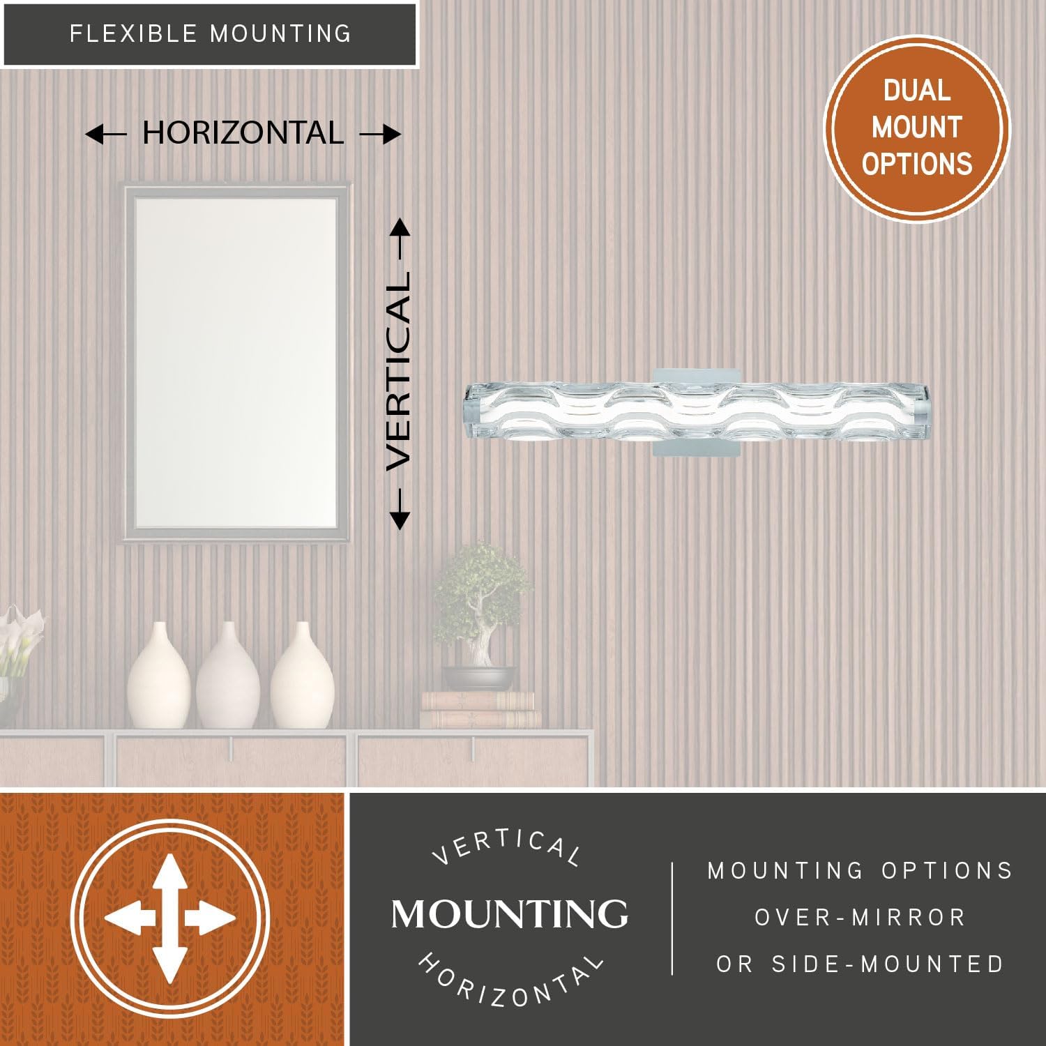 VAXCEL Marseille 1-Light 24 inch Wide Chrome Contemporary Bathroom Vanity Lighting Fixture, Clear Wave Glass Shade, Dimmable, Integrated LED, Over The Mirror or Side Mounted Wall Sconce