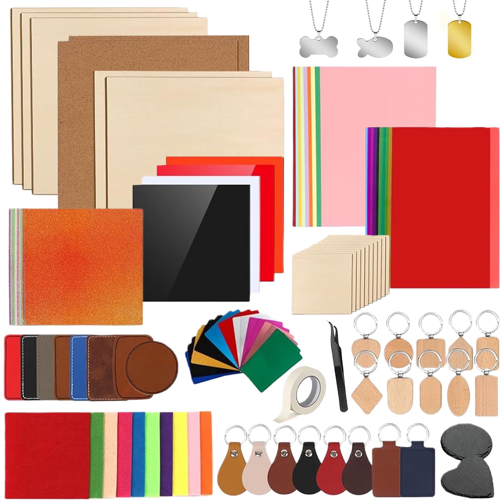 Wonninek 149PCS Laser Engraving Material Kit, 17 Kinds Laser Engraver Blanks for Crafting, Engraving Supplies Including Acrylic, Fabric, Leather, Metal for Engraver Machine