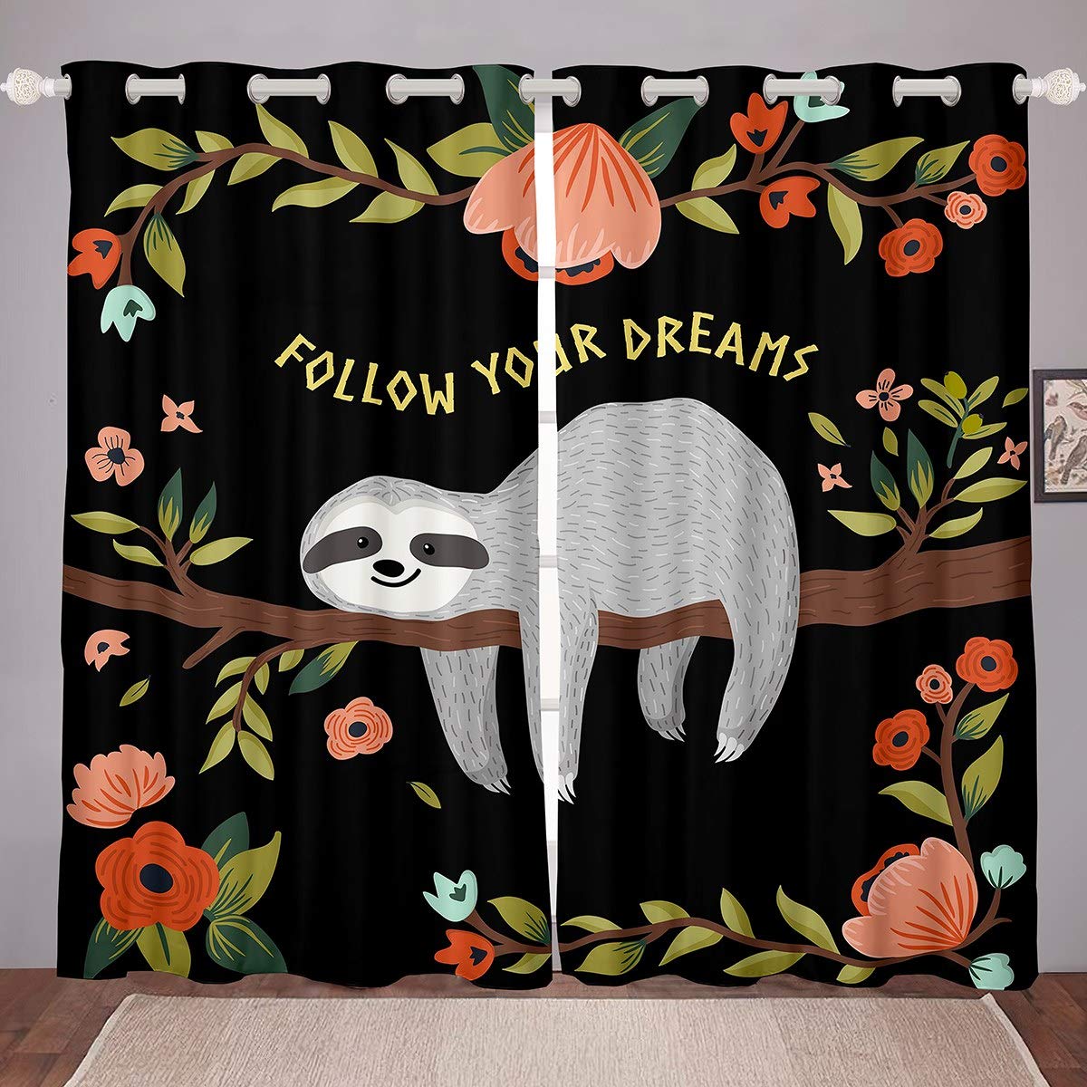 Sloth Curtains for Kids Boys Girls Cartoon Sloth Print Curtains for Bedroom Lovely Animal Pattern Curtains Floral Leaves Branches Drapes,2 Panel Set W66*L72