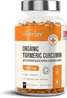 Organic Turmeric Curcumin - 365 Vegan Capsules - High Strength 2160mg - with Active Curcumin, Organic Black Pepper & Organic Ginger - Certified Organic by Soil Association - Made in UK by VitaBright