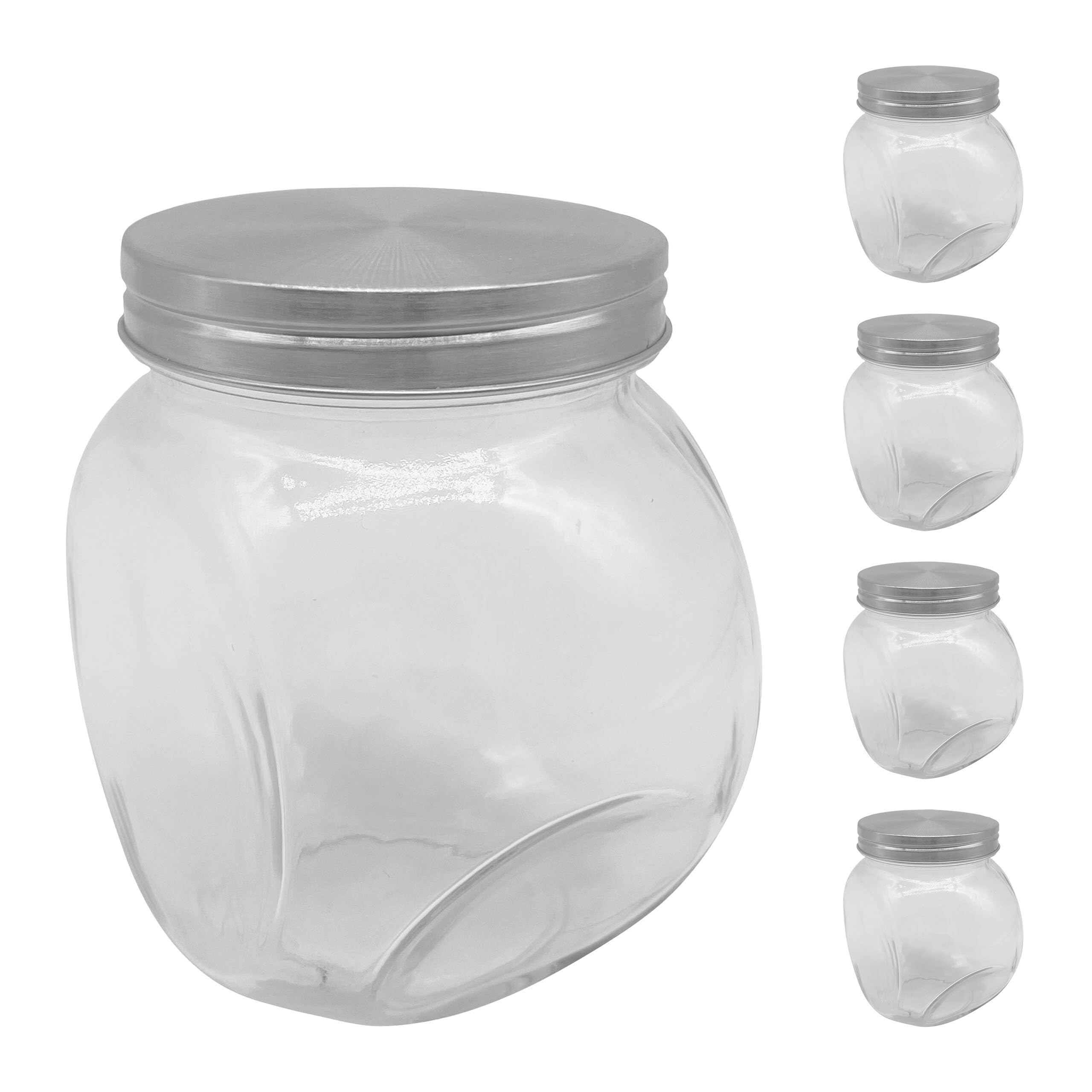 Relaxdays Tarros para Caramelos Set 5x650 ml, Dulces, Candy Bar, Tapa Inoxidable, Transparente/Plateado 12.5x11.5x8.5 cm