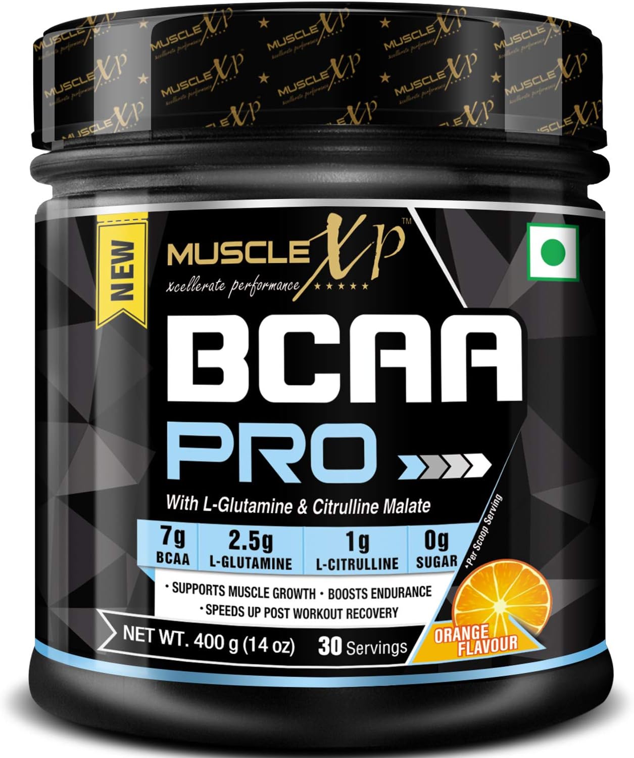 MuscleXP BCAA PRO With L-Glutamine, Citrulline Malate and BCAA 7000, Orange, 400g (14 oz) - 30 Servings