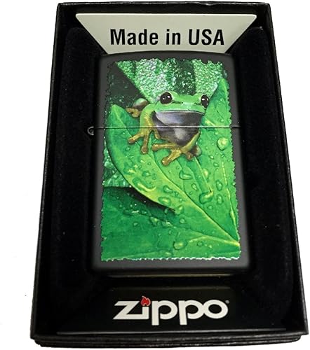Zippo Encendedor personalizado - Peeking Frog on Leaves - Regular Negro Mate