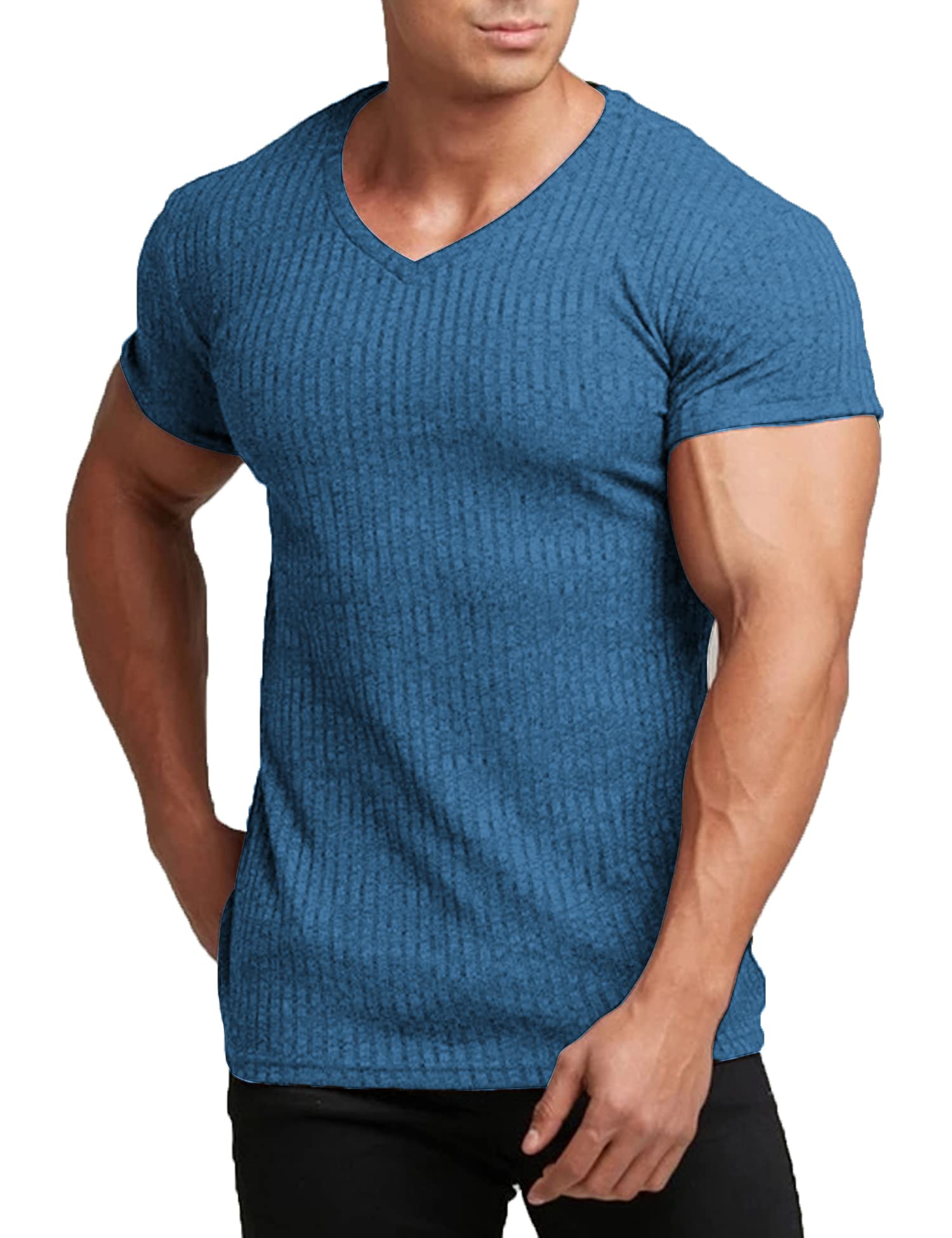 COOFANDY Men's Muscle T Shirts Stretch Short Sleeve V Neck Bodybuilding Workout Tee Shirts Ribbed Knit Shirt