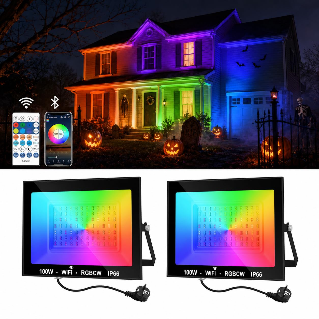 NATPOW RGB Strahler Outdoor 100W, Smart RGBCW LED Strahler Außen mit Bluetooth-App und Fernbedienung, Farbwechsel Scheinwerfer, IP66 Wasserdicht Flutlicht für Garten, Hof, Party und Fassade