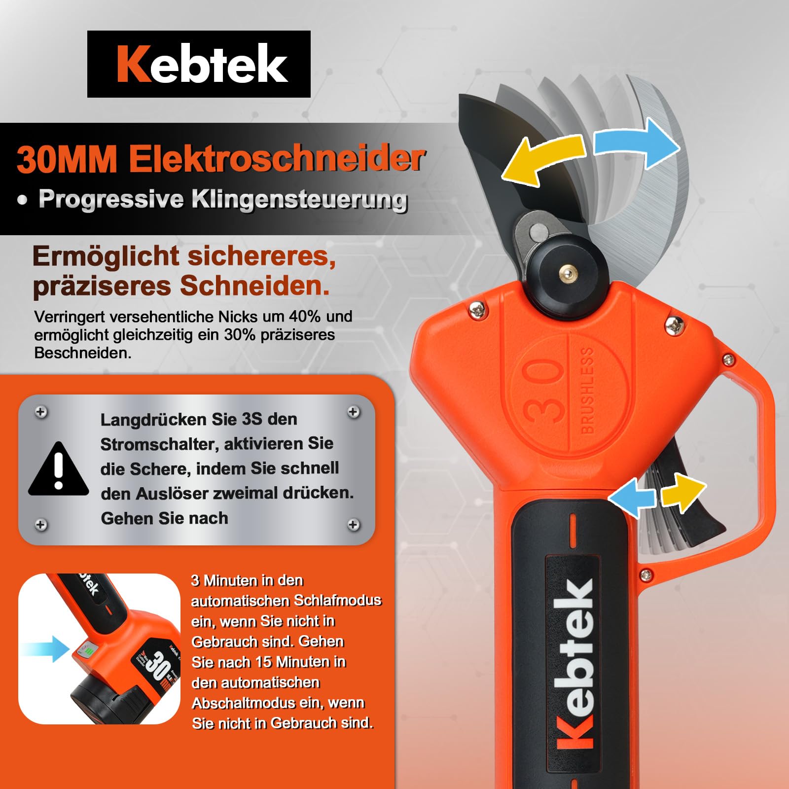 Kebtek Professionelle Akku Astschere 2025 NEU, 16.8V 30mm Elektrische Gartenschere Laufzeit Sicherheitsschalter, Gartenschere Heavy Duty für Baum, Ast & Rose(Nur Körper)
