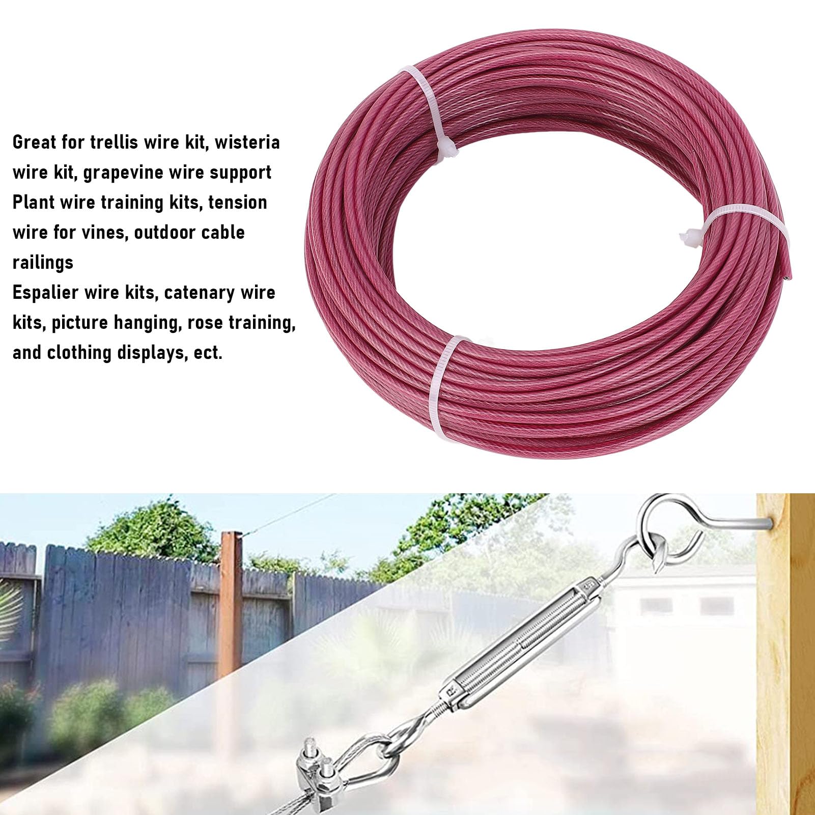 Violet Coated Stainless Steel Cable 3mm / 1/8in 30.5m / 100ft, 304 Stainless Steel Plastic Wrapped Wire Rope Kit for Gardening Clothelines