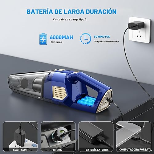 Miniatura 6 de Aspiradora de mano inalámbrica, 15000 PA, potente aspirador de succión para automóvil, ligero con múltiples accesorios, aspiradora de mano para