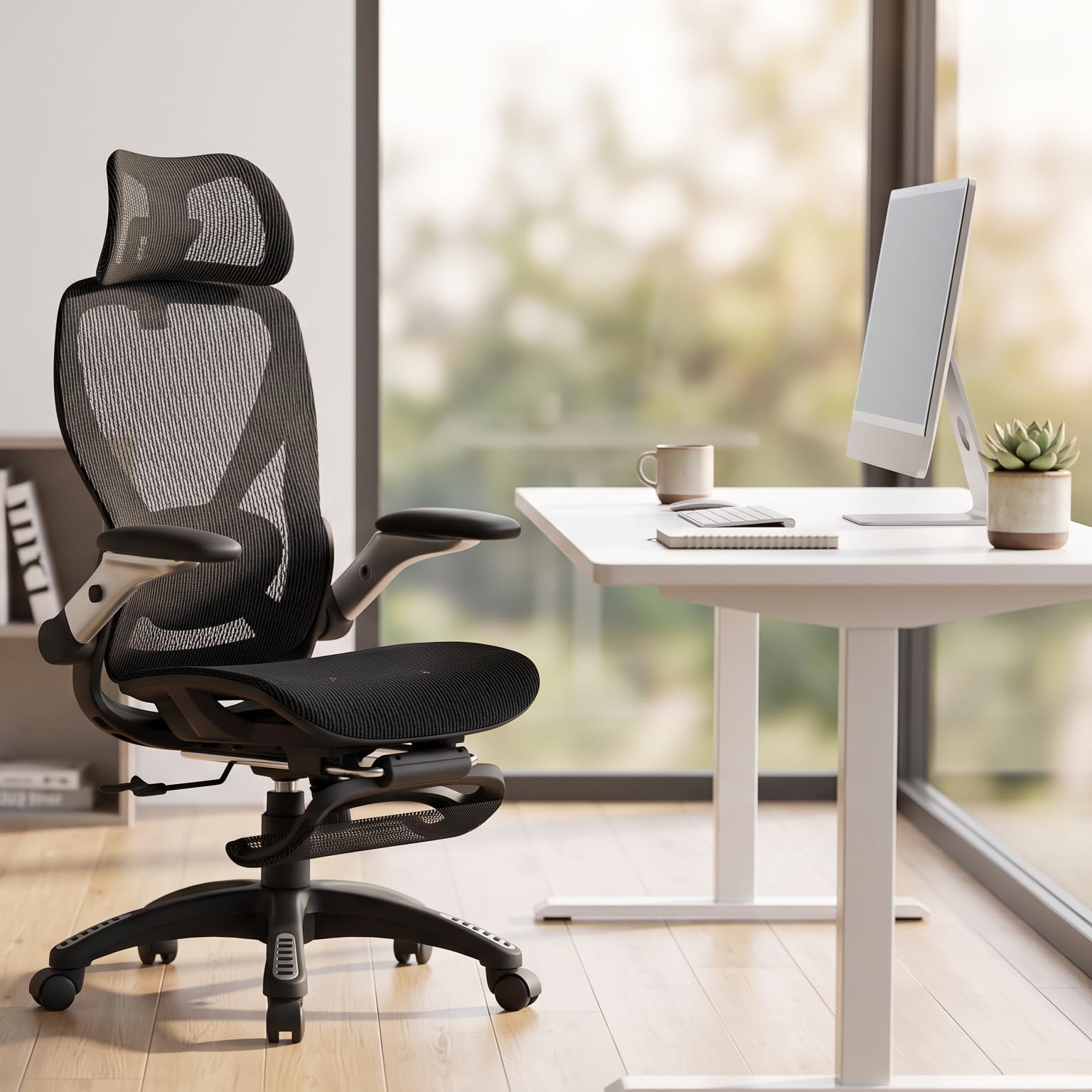 ELABEST X100 Ergonomischer Mesh-Bürostuhl mit Hoher Rückenlehne & Fußstütze | 3D-Lordosenstütze, 120° Neigung, 3D-Kopfstütze, Schreibtischstuhl mit hochklappbaren 5D-Armlehnen für Homeoffice, bis 136 kg