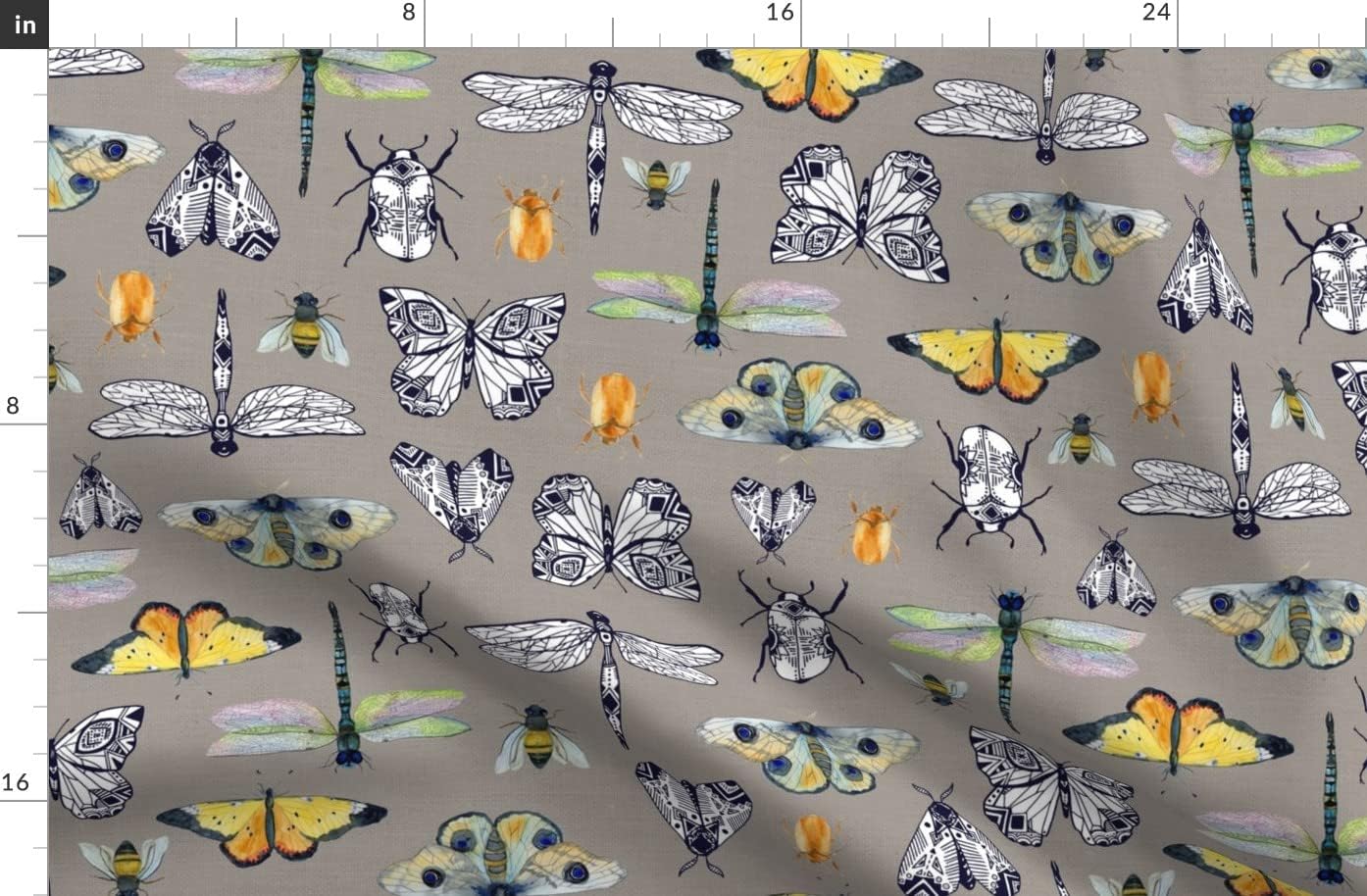 Spoonflower Fabric - Gray Insect Butterfly Moth Dragonfly Beetle Bee Printed on Organic Cotton Sateen Fabric by The Yard - Sewing Quilting Apparel Home Decor
