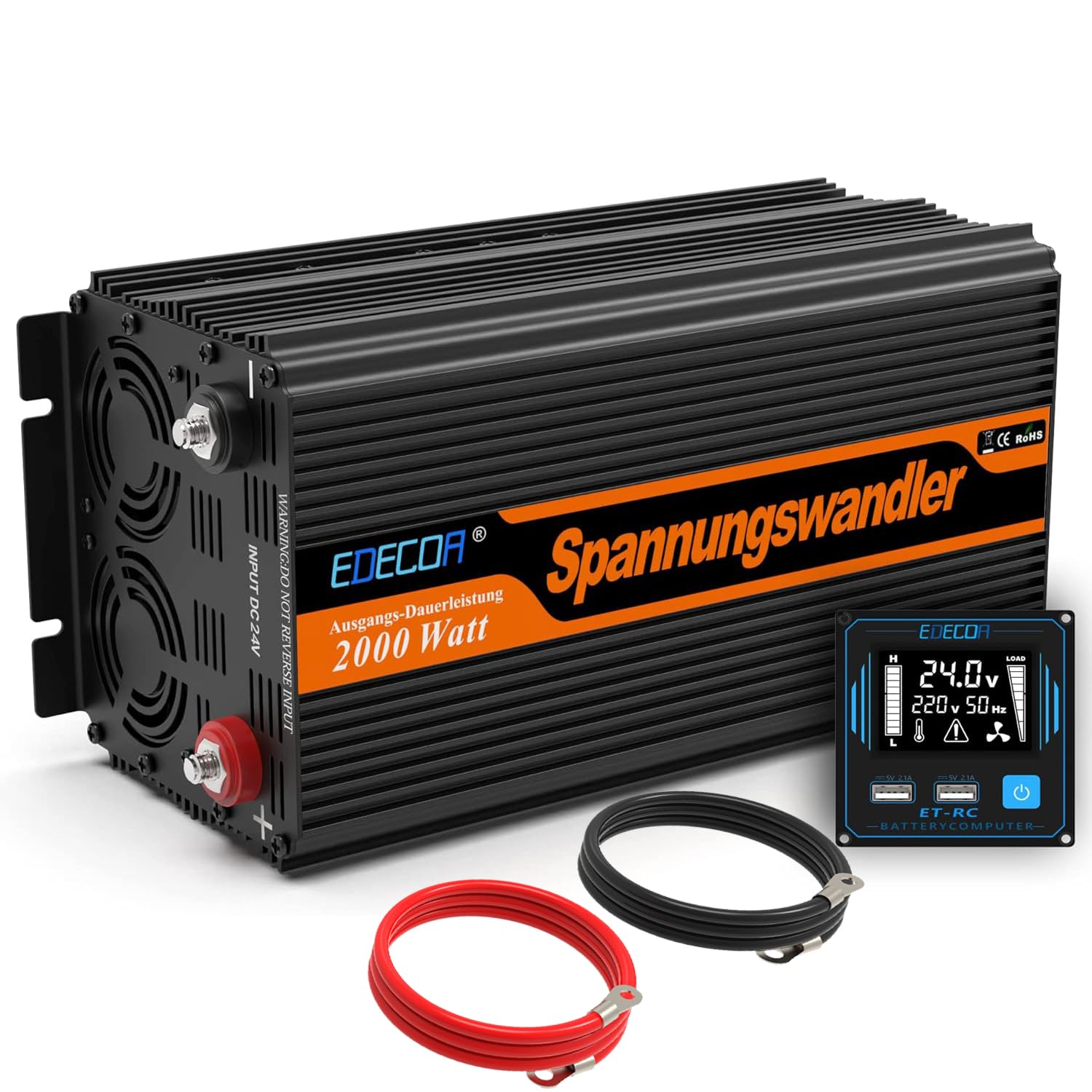 EDECOA inversor 24v 220v 2000w Mando 2X USB convertidor 24v 230v para camion Power Inverter Transformador con Sistema Aislamiento galvanico (2a generacion)