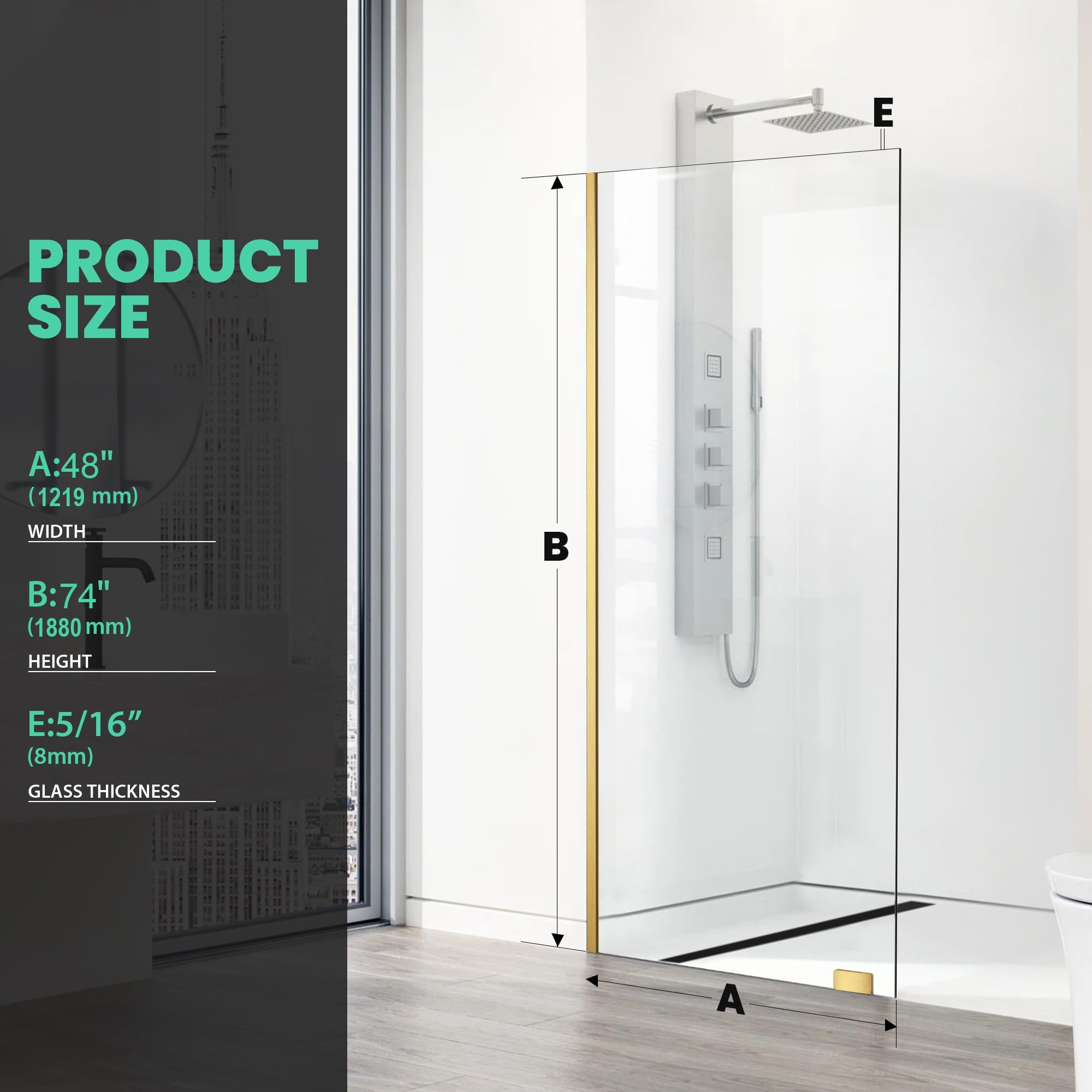 Condition photo showing New/Like New for 48"×74" fixed glass shower panel, bathroom shower doors 5/16"(8mm) thick clear tempered glass panel, brushed gold frameless shower door
