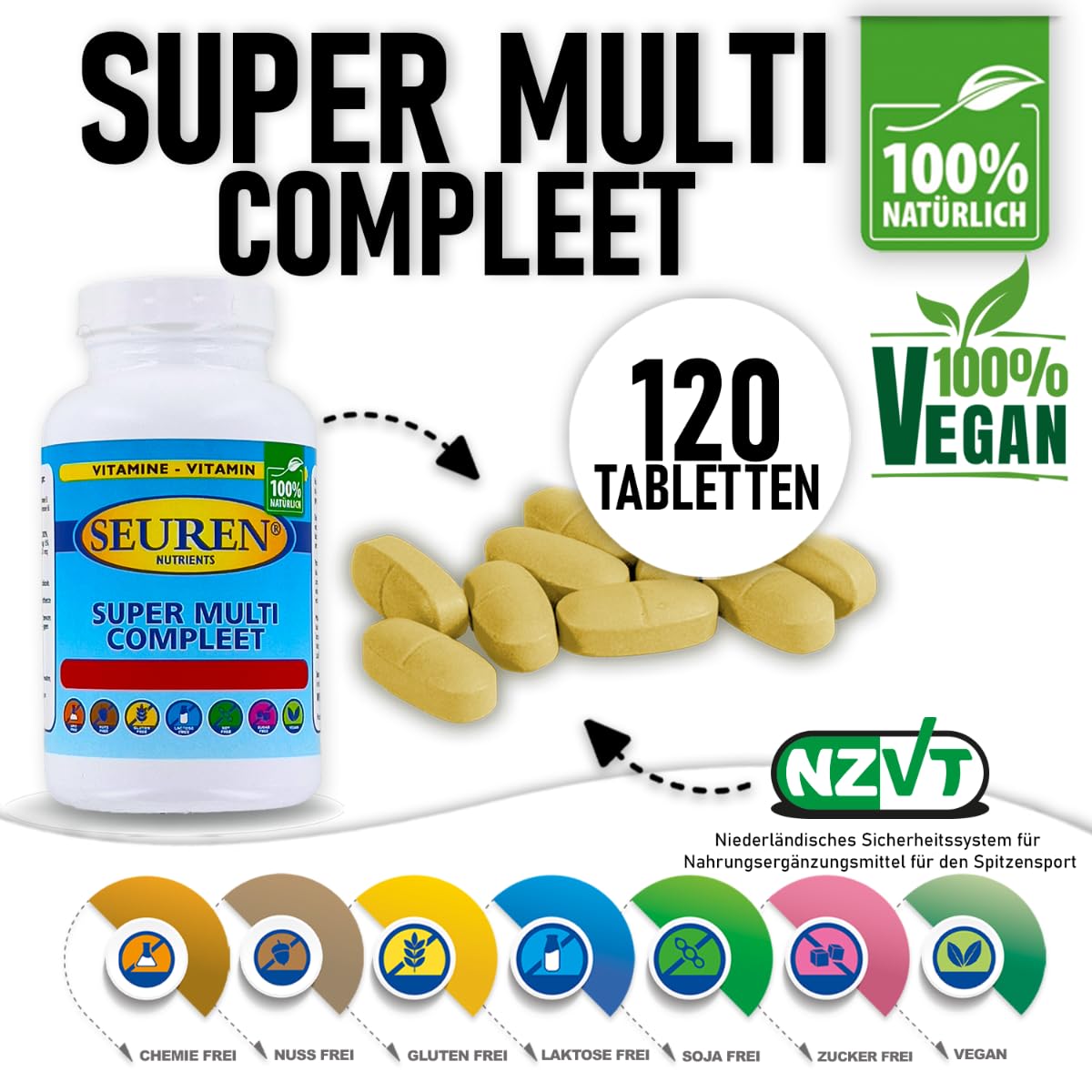 Seuren Nutrients | Super Multi Compleet | Multivitamine | 120 Tabletten | Männer & Frauen| Glutenfrei | Laktosefrei | Zuckerfrei | (100% natürlich)| hochdosiert multivitamine