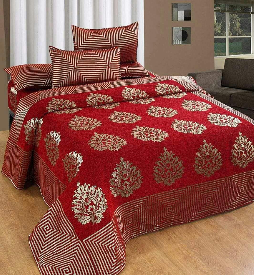 FRESH FROM LOOM Chenille Velvet 500 TC Double Bed King Size Bedsheet with 2 Pillow Covers (Red, 90x100 Inch)