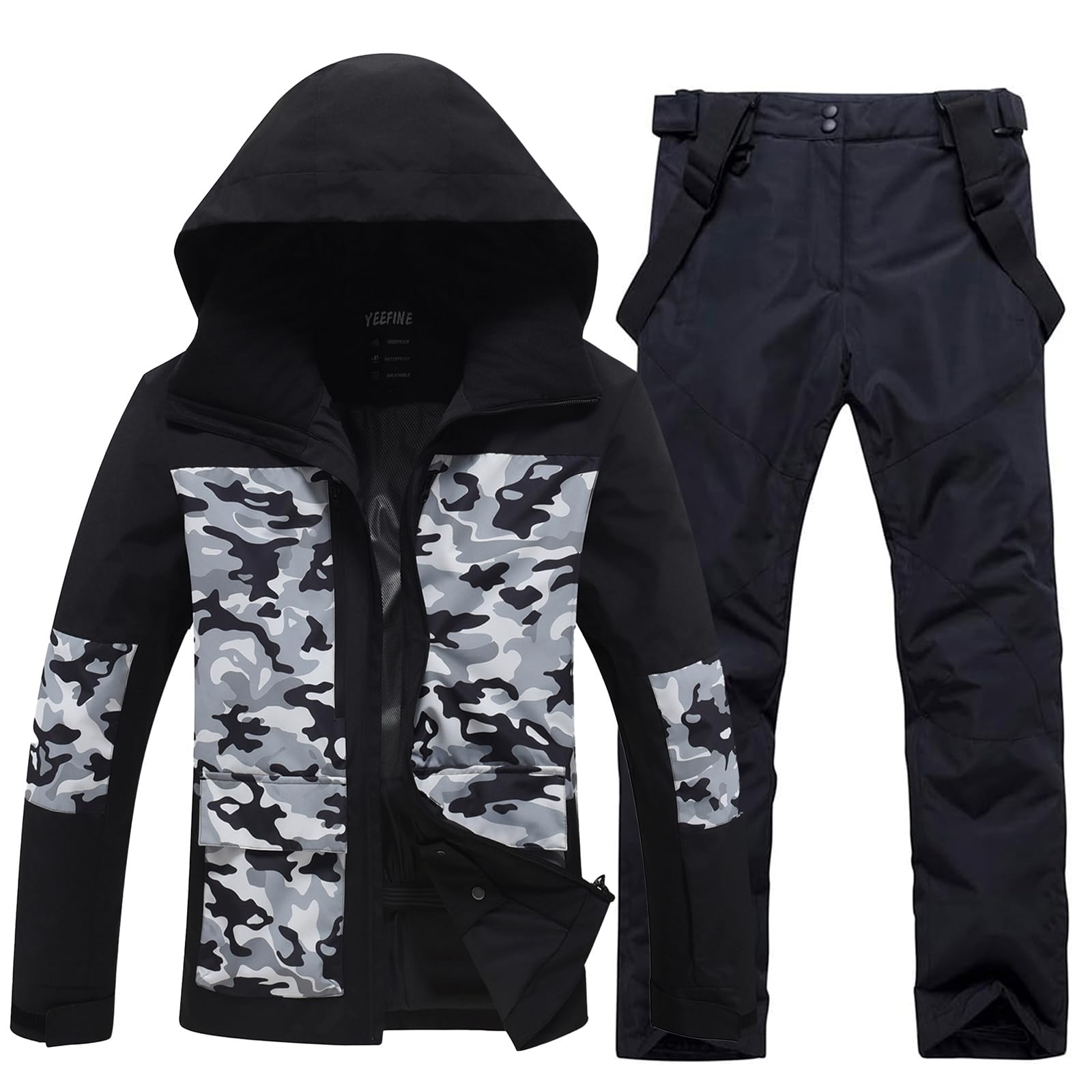 HOUZONIY Traje de nieve para hombre, chaqueta de esquí y pantalones de esquí, juego de dos piezas, ropa de esquí al aire libre, resistente al viento, traje de esquí con capucha para esquiar, snowboard