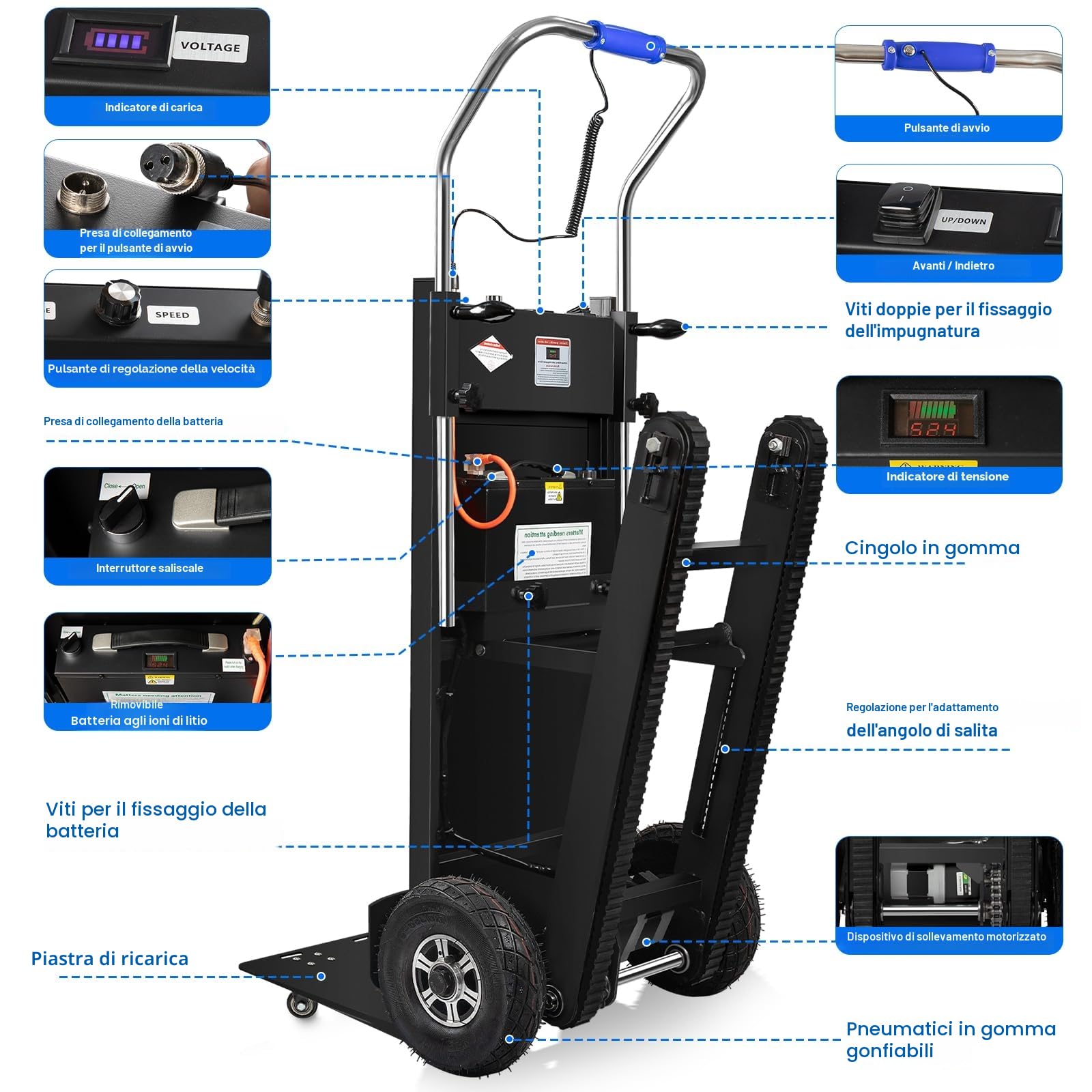 Afitdon Carrello elettrico da 1250 W, con capacità di carico di 408 kg, per scale e discese, con corda di sicurezza e pompa ad aria, per il trasporto di mobili 4D2
