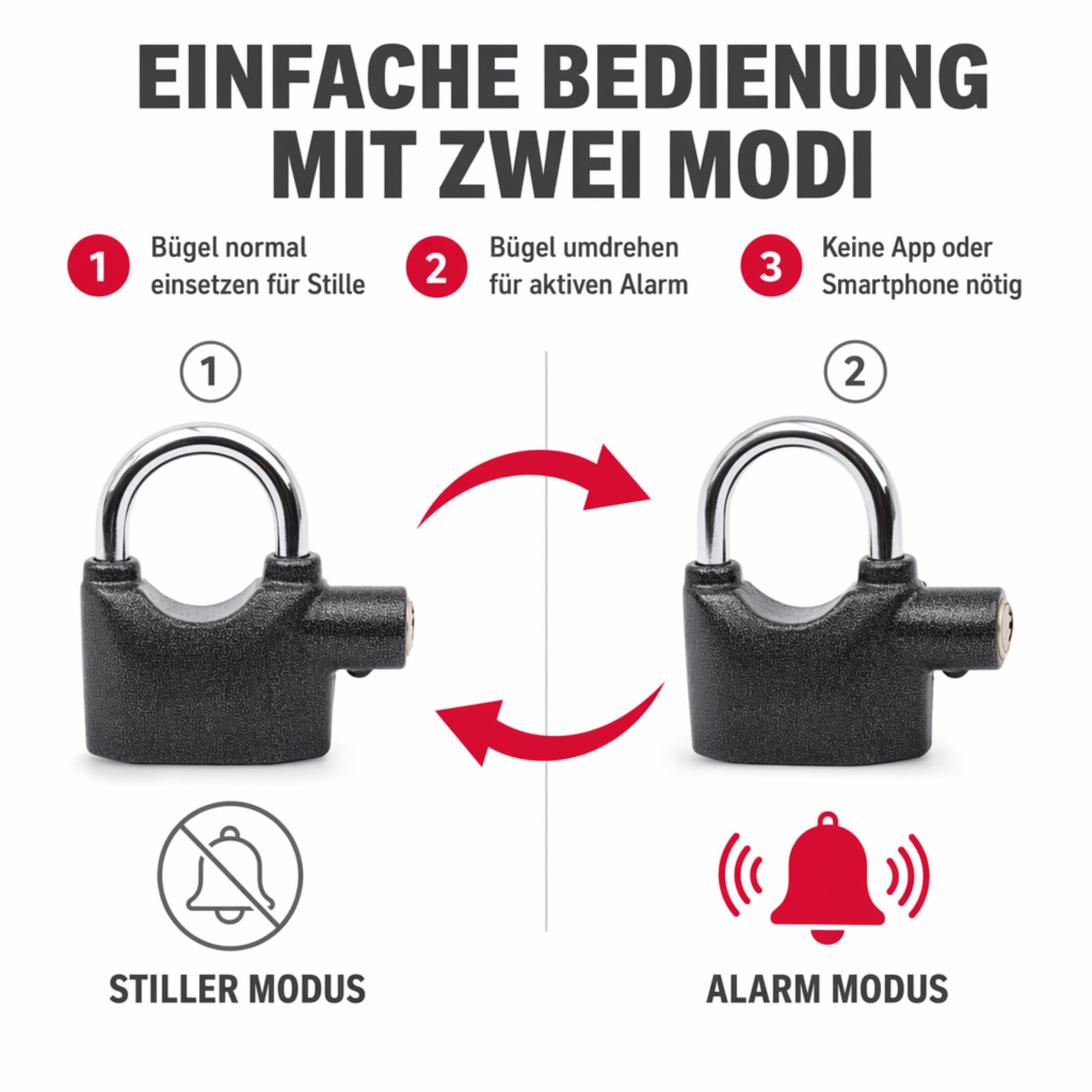 3 Stück Premium OLYMPIA S100 Alarmschloss mit Schlüssel - Korrosionsgeschützt Sicherheitszylinder - 100 dB Sirene | Alarmgesichertes Vorhängeschloss, Hangschloss | Großes Vorhang-Schloss mit Alarm