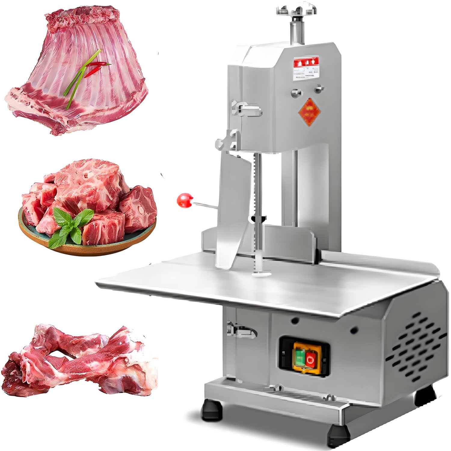 HajMyrdonyx Commercial Electric Meat Bone Saw Electric Meat Band Saw Machine 750W High Power Electric Meat Cutter Machine, 6 Saw Blades, 0-13CM Cutting Thickness for Chicken Fish Beef