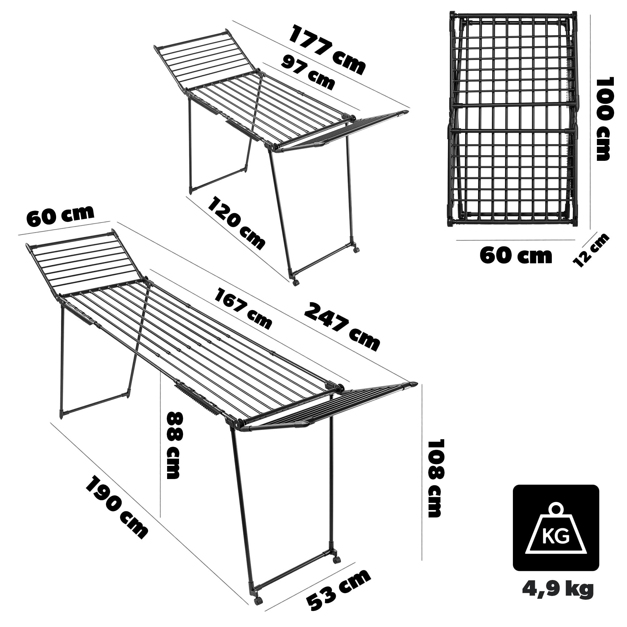 KADAX Wäscheständer ausziehbar, 20m Trockenfläche, 247x60x88cm, Standtrockner mit großer Trockenfläche, klappbarer Wäschetrockner, ausziehbarer Flügelwäscheständer (Schwarz)