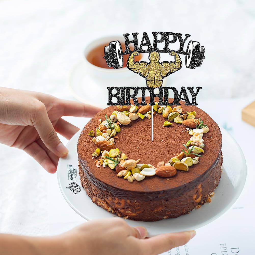 Body Builder Happy Birthday Cake Topper, decorazione per torta a tema palestra fitness, per uomini e ragazzi, decorazione per feste di atleti, glitter neri