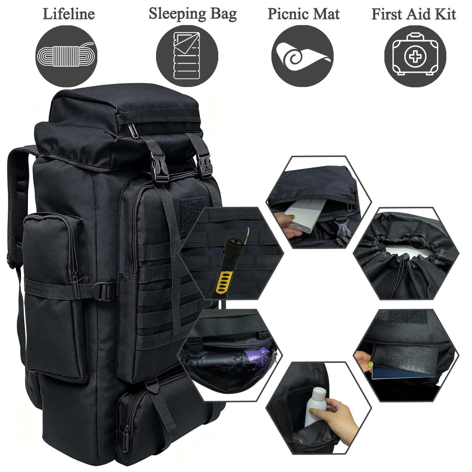 80L Wanderrucksack Campingrucksack, 80 Liter Großes Fassungsvermögen Outdoor-Rucksack Reiseklettern Bergsteigen Handgepäcktasche, Trekkingrucksack für Herren Damen, Schwarz