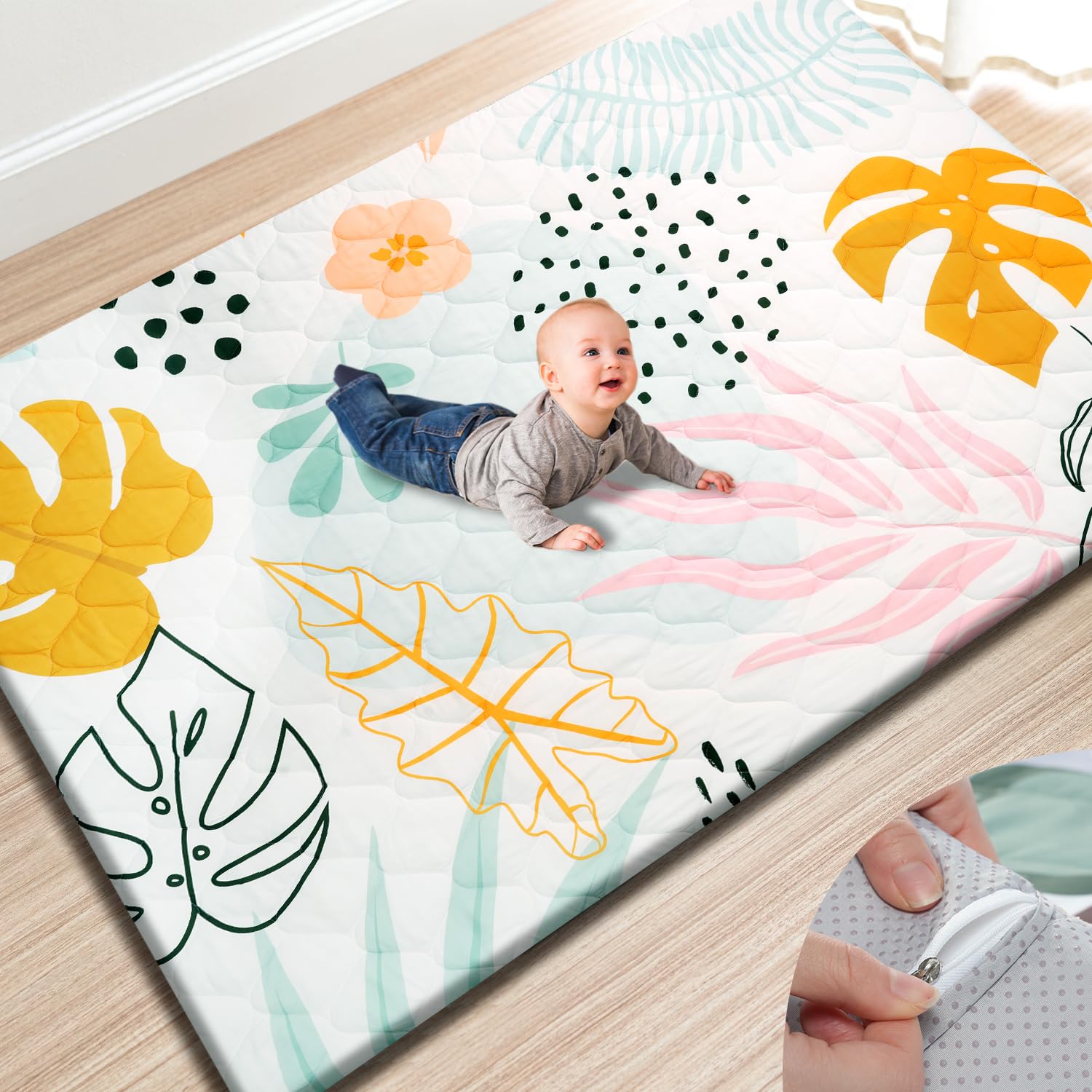 TINYHARBO - Alfombra de juego de espuma premium para bebé (74 x 50 cm, funda extraíble y lavable a máquina, acolchado extra grueso, alfombrilla antideslizante para gatear, fácil de limpiar)
