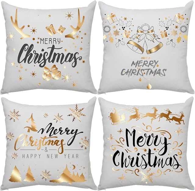 Zhichengbosi Christmas Pillow Covers 4 PCS, Gold Stamping Snowflakes Merry Christmas Decorative Throw Pillow Case Cushion 18x18 Inch