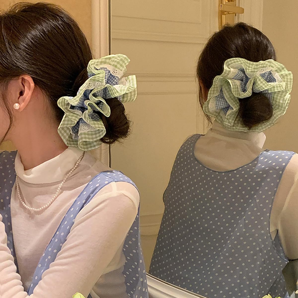 1Pcs Oversized Frilly Blue Green Gingham Scrunchies - Image 4
