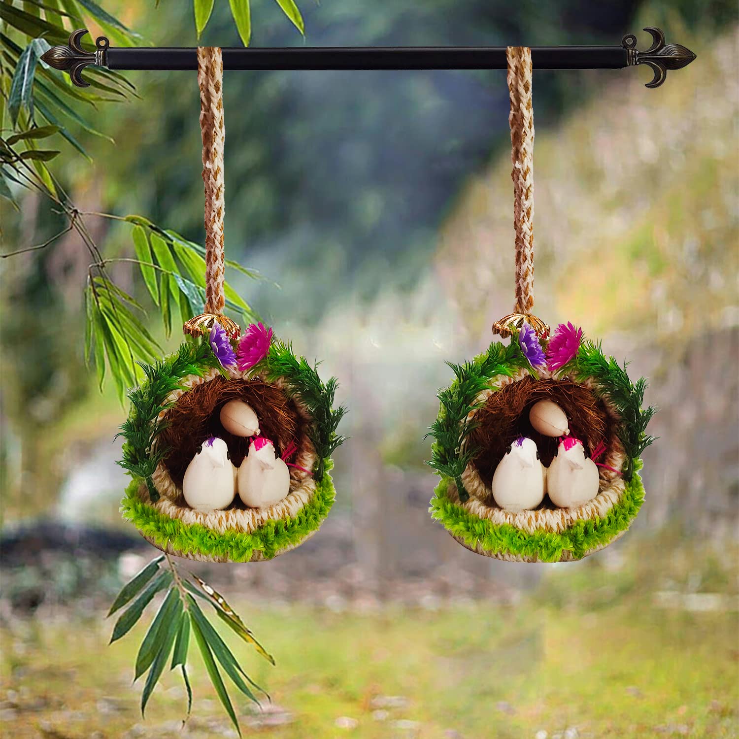 The Shine Store Home Décor Artificial Hanging Jute Birds Nest for Balcony and Garden Combo (Green)
