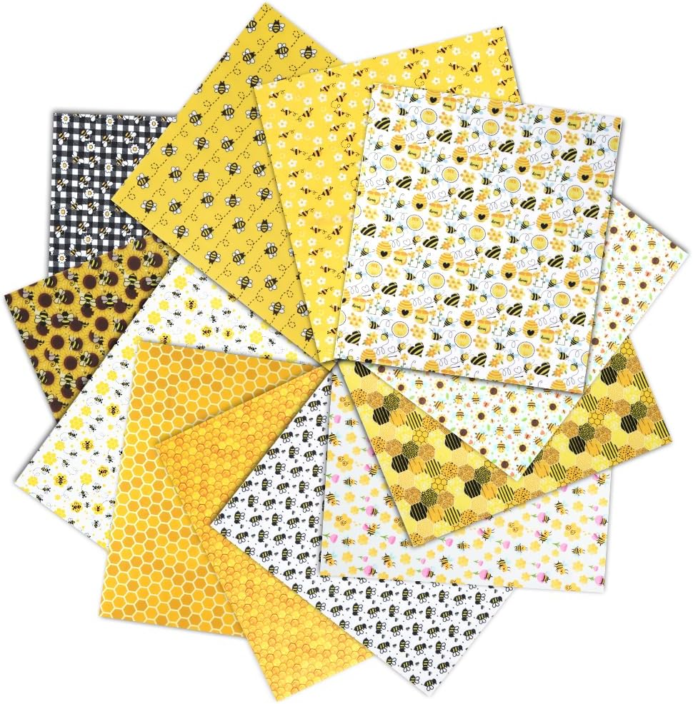 12 Pcs Bee Fabric Honeycomb Floral Yellow Poly-Cotton Fat Quarters Summer Bee Theme Sewing Fabrics Bundles for DIY Handmade Crafts Party Decor 18 x 20 Inch