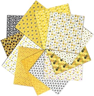 12 Pcs Bee Fabric Honeycomb Floral Yellow Poly-Cotton Fat Quarters Summer Bee Theme Sewing Fabrics Bundles for DIY Handmade Crafts Party Decor 18 x 20 Inch