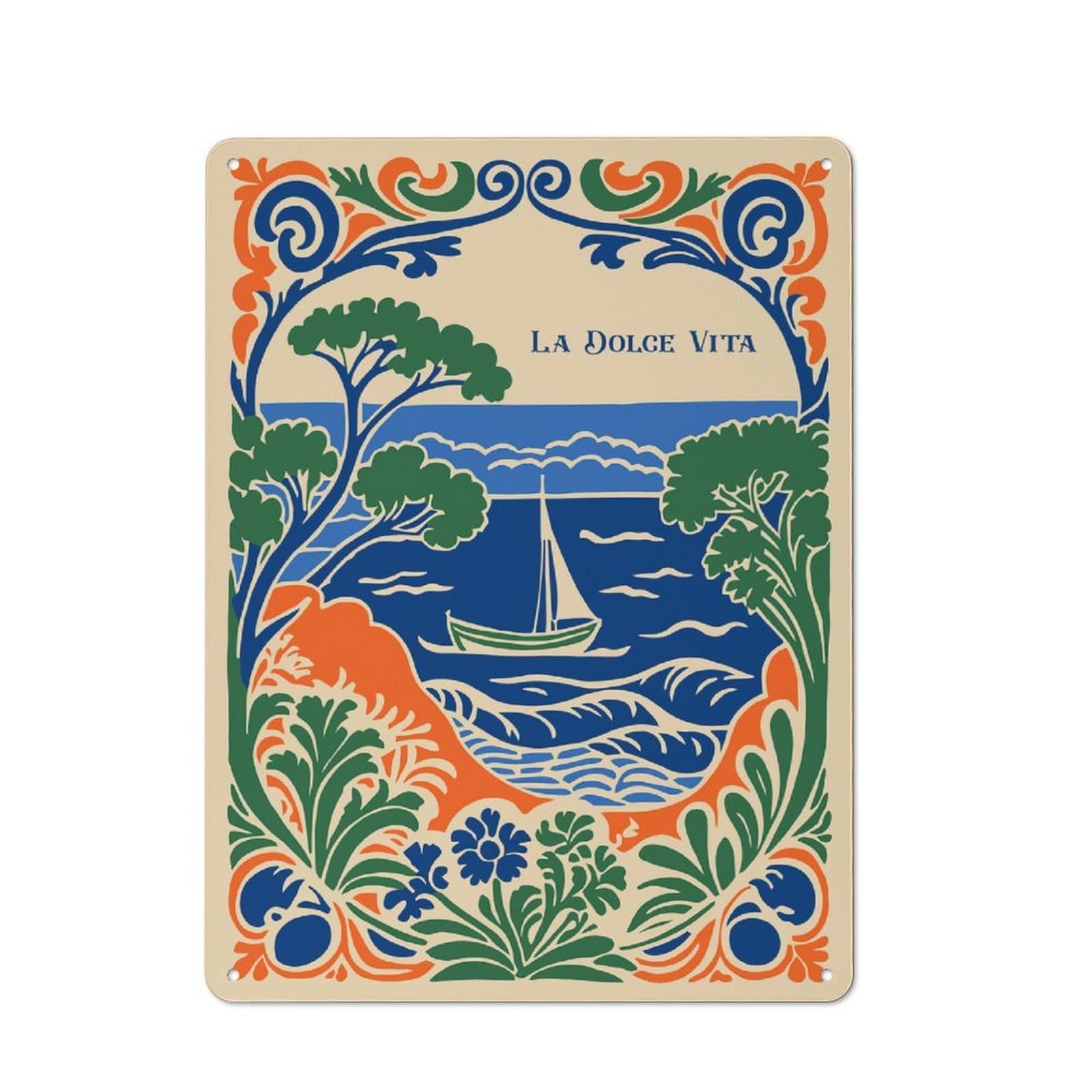 Junmoney Style-24 40X30cm Rustic Tin Sign With La Dolce Vita Coastal Art For Studio Or Craft Room, Tin Sign Wall Decor For Studios And Craft Rooms