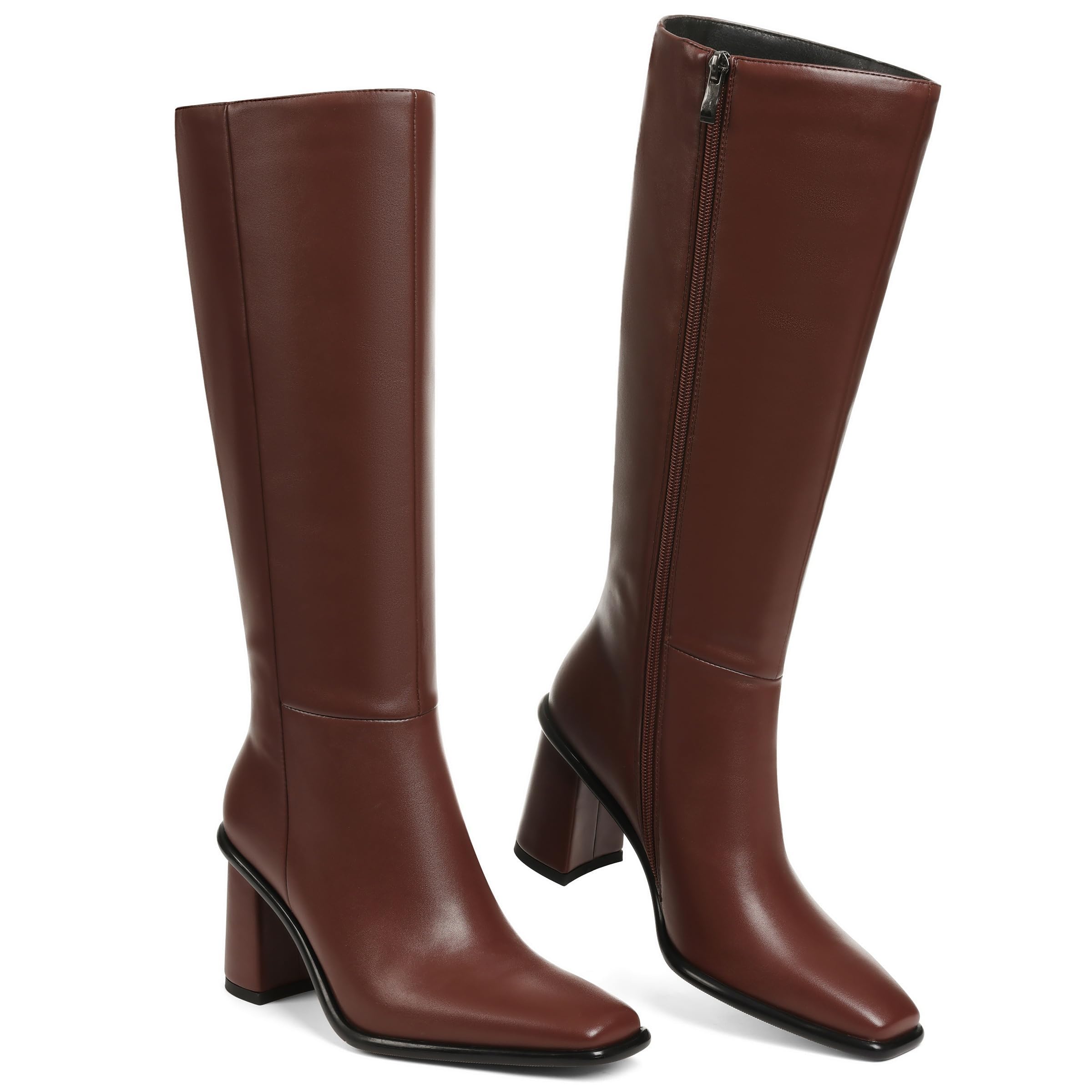 Knee High Boots Women Wide Calf Boots for Women Tall Boot Leather Long Square Toe Chunky Heel with Side Zipper-image-13