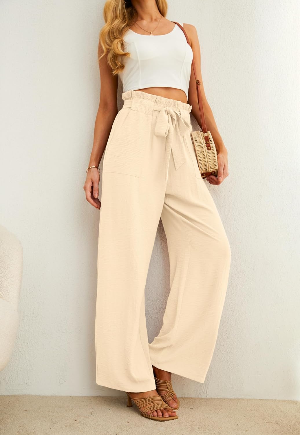 IWOLLENCE Women's Wide Leg Pants with Pockets High Waist Adjustable Knot Loose Casual Trousers Business Work Casual Pants - Image 3