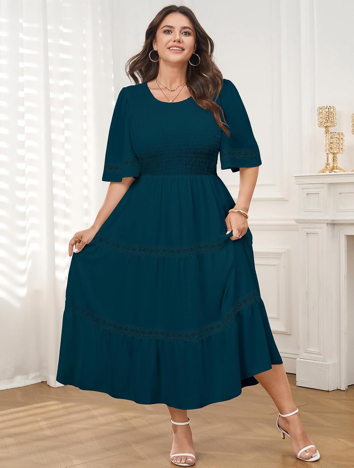 SCOMCHIC Women's Plus Size Maxi Dress Casual Crewneck Smocked Boho Elegant Hollow Out Summer Wedding Guest Dresses - Image 2