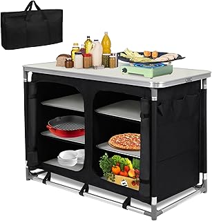 FIVMEN Cocina de camping plegable, armario de camping con estructura de aluminio y compartimentos de almacenamiento, cocina de viaje, caja de cocina, armario de tienda de campaña, accesorios para