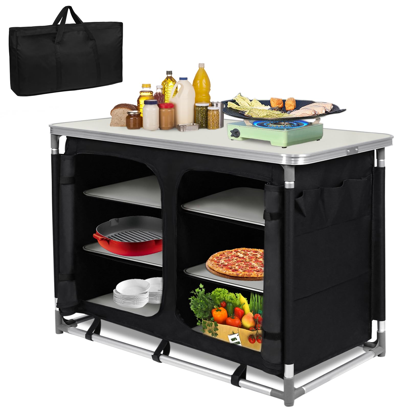 FIVMEN Campingküche Faltbar Campingschrank mit Aluminiumgestell und Staufächer Reiseküche Küchenbox Zeltschrank Camping Zubehör für Outdoor Camping Küche, 100x50x80cm