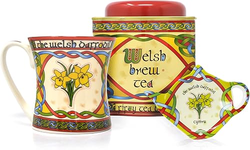 Juego galés – 1 taza de narciso galés, 1 soporte para bolsita de té galés y 1 mezcla de té de cerveza galesa de 50 bolsitas de té