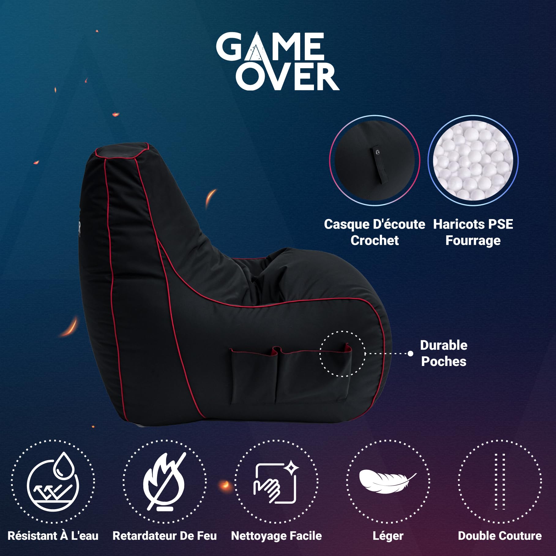 Game Over Chaise Pouf de Jeux Vidéos | Salle de Séjour Intérieure Fauteuil Gamer | Poches Latérales pour Les Manettes | Support de Casque | Conception Ergonomique (Cramoisi Électrique)