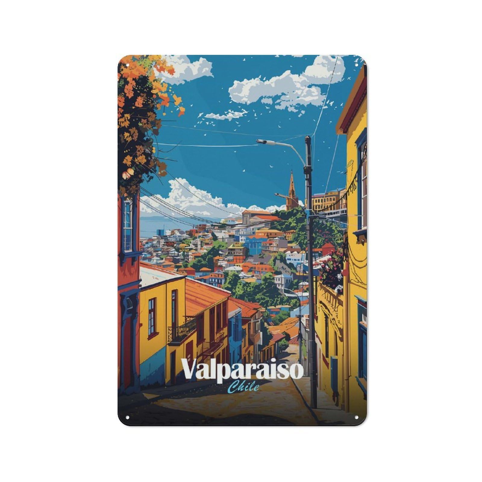 Junmoney Valparaiso Cityscape Cafe Style Metal Wall Decor 30X20cm, Vintage Metal Sign For Takeaway, Bar, Kitchen Or Counter Area
