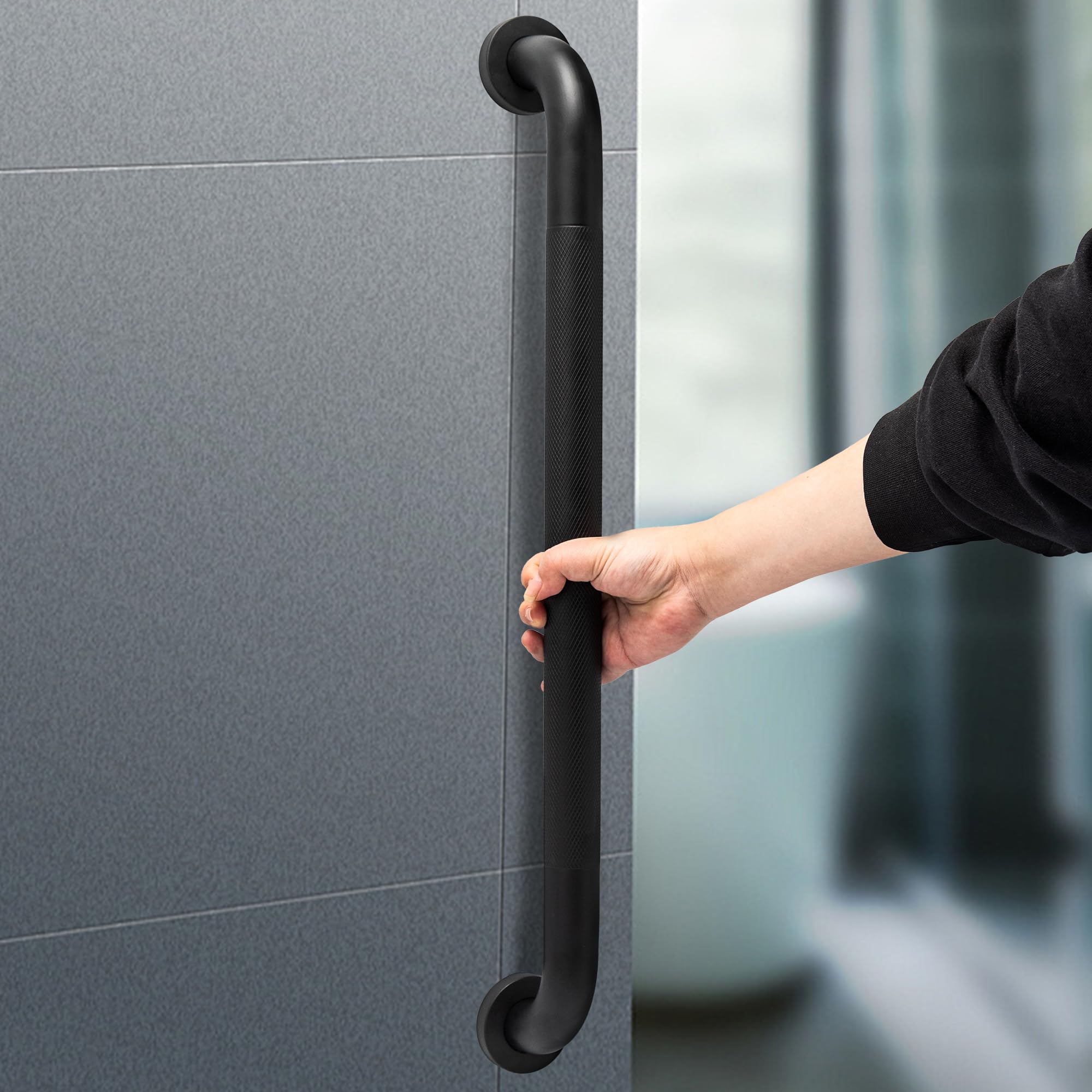 ITSOGOO Maniglione Bagno Acciaio inossidabile con Superficie Zigrinata,Maniglioni Antiscivolo per Anziani,Maniglia per Doccia per Vasca,WC,Cucina,Disabili Corrimano per Scale 60cm Nero Opaco