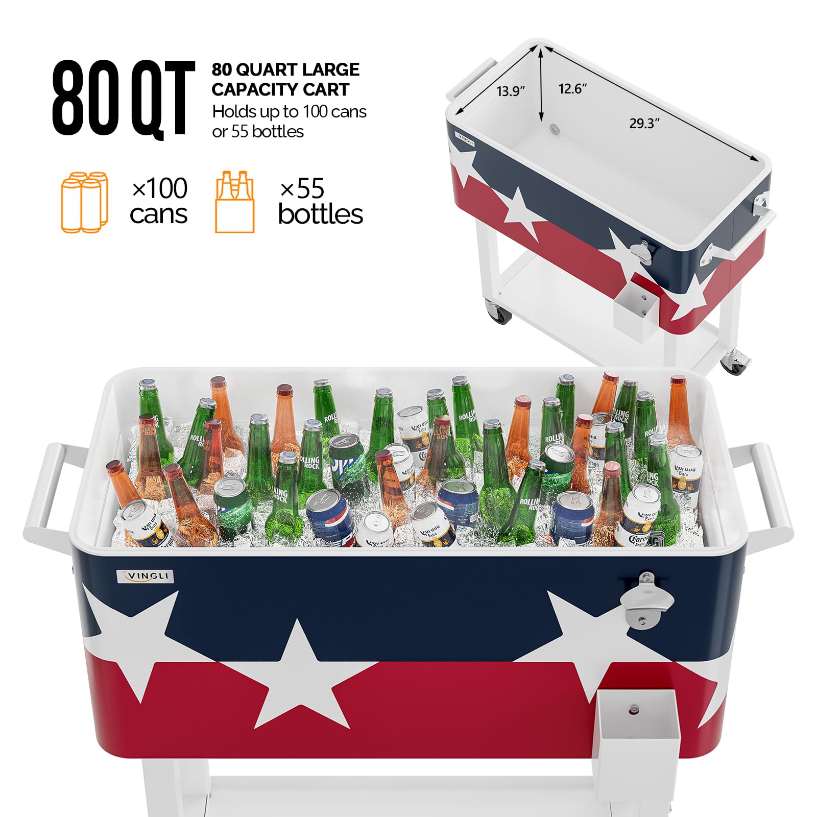 VINGLI 80 Quart Rolling Ice Chest, Portable Patio Party Bar Drink Cooler Cart, with Shelf, Beverage Pool with Bottle Opener