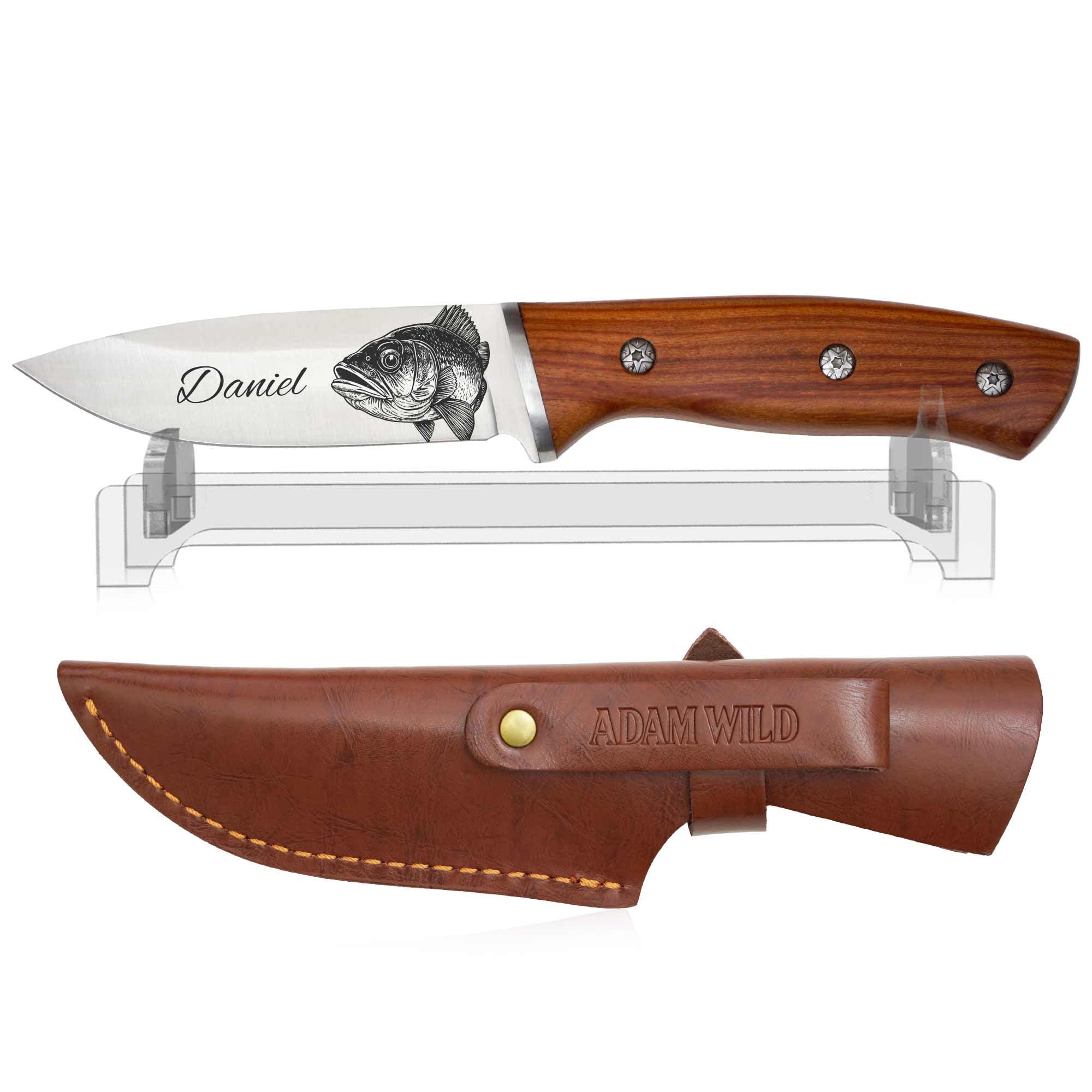 ADAM WILD Angelmesser mit Gravur | personalisiertes Geschenk für Männer | Anglermesser mit Wunschname & Motiv graviert | Klinge aus Edelstahl | Holzgriff & Lederscheide | für Angler, Outdoor & angeln