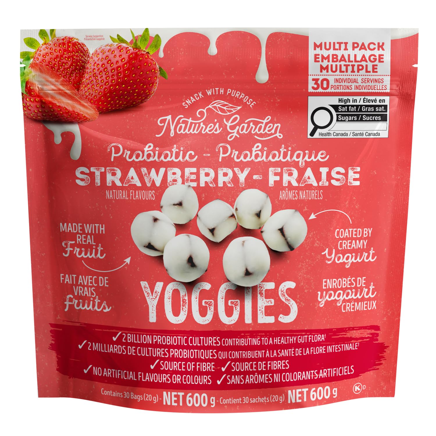 Nature's Garden Probiotic Strawberry Yoggies, 21oz (30 x 0.7oz), Yoggie Bites Strawberry Yogurt Covered Snack Pack, High Fiber, Delicious Real Fruit Pieces, No Artificial Flavors or Colors