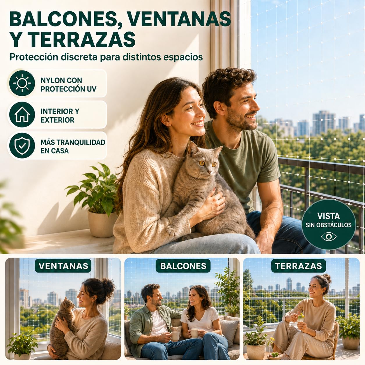 Red para Gatos Terraza Transparente 3x8m – Malla Protectora Balcón y Ventanas | Red Seguridad Gatos con Kit Fijación, Ganchos, Cuerda y Juguete | Resistente UV