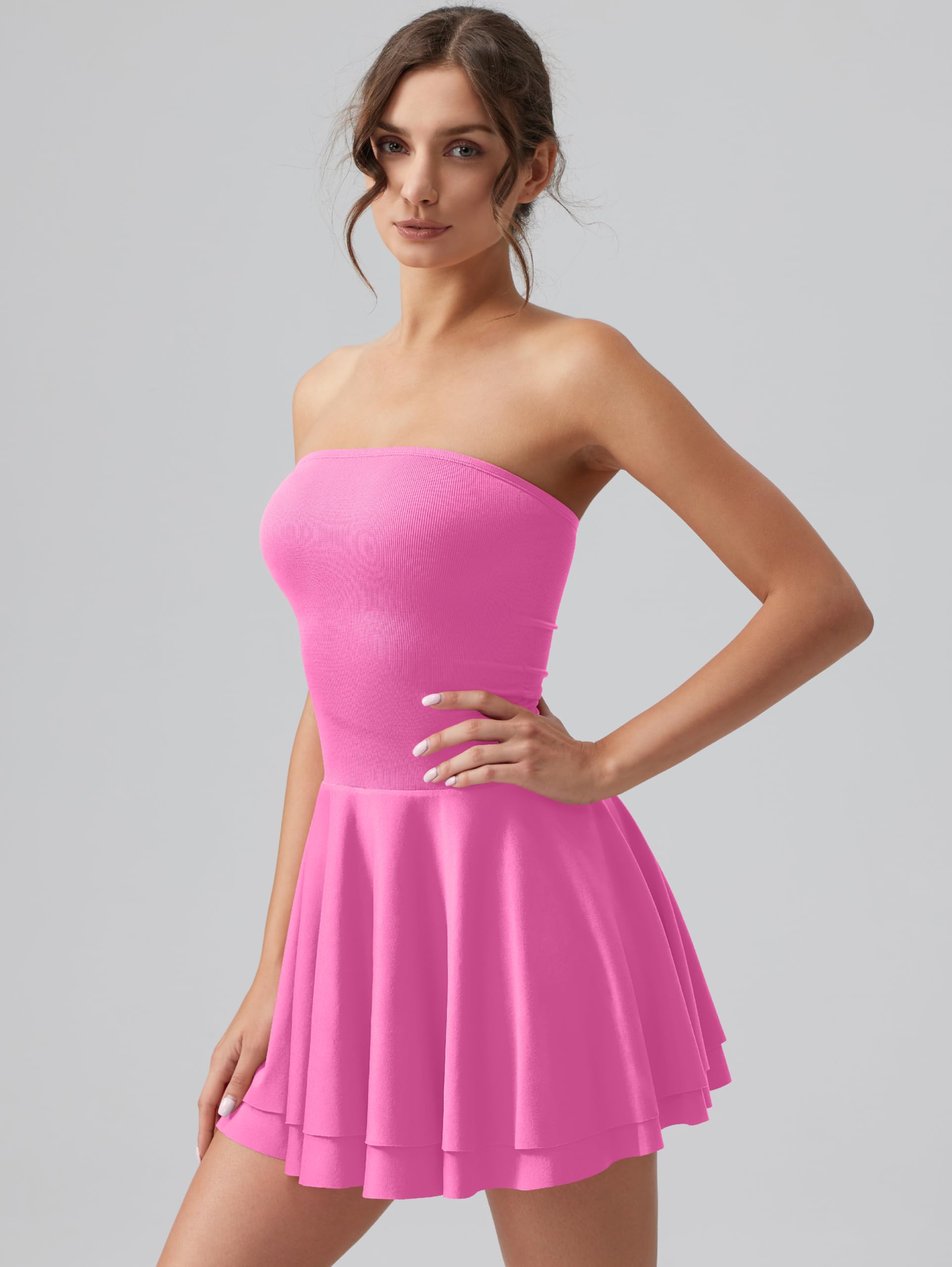 OQQ Women's Mini Dress Summer Cocktail Tube Ruched Waist Ruffle Corset Party A-line Dresses: Rose Small